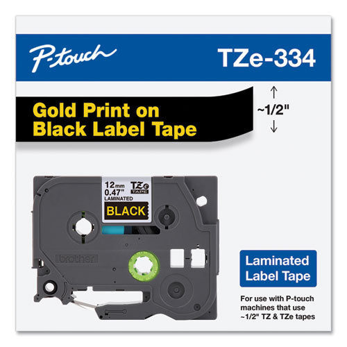 Cinta de etiquetado laminada adhesiva estándar Tze, 0.47" x 26.2 pies, dorado sobre negro