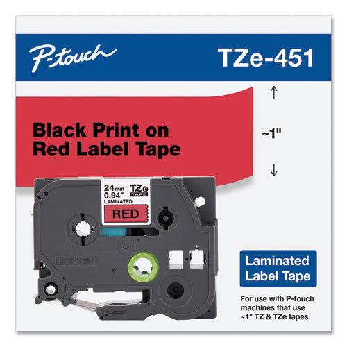 Cinta de etiquetado laminada adhesiva estándar Tze, 0.94" x 26.2 pies, negro sobre rojo
