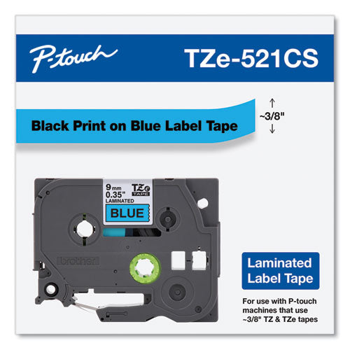 Cintas adhesivas extraíbles laminadas Tze, 0,35" x 26,2 pies, negro sobre azul
