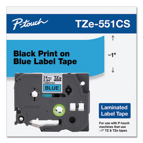 Cintas adhesivas extraíbles laminadas Tze, 0,94" x 26,2 pies, negro sobre azul