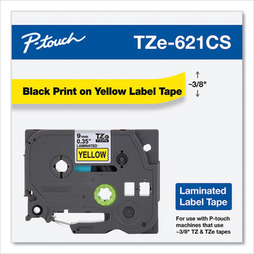 Cintas adhesivas extraíbles laminadas Tze, 0,35" x 26,2 pies, negro sobre amarillo
