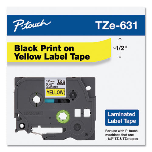 Cinta de etiquetado laminada adhesiva estándar Tze, 0.47" x 26.2 pies, negro sobre amarillo