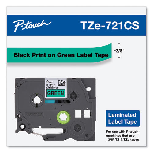Cintas de etiquetas removibles laminadas Tze, 0.35" x 26.2 pies, negro sobre verde