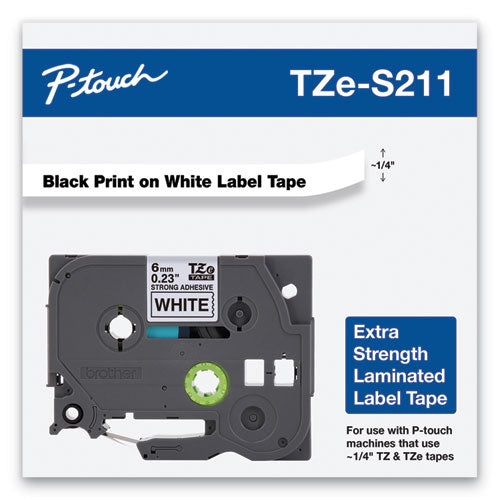 Cinta de etiquetado laminada adhesiva extra fuerte Tze, 0.23" x 26.2 pies, negro sobre blanco
