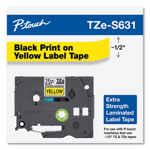 Cinta de etiquetado laminada adhesiva extra fuerte Tze, 0.47" x 26.2 pies, negro sobre amarillo