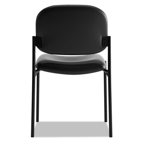 Vl606 Silla apilable para invitados sin brazos, tapicería de cuero reconstituido, 21.25" x 21" x 32.75", asiento negro, respaldo negro, base negra