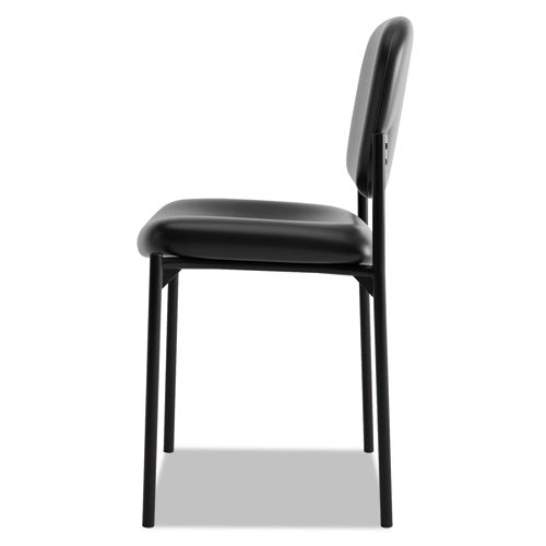 Vl606 Silla apilable para invitados sin brazos, tapicería de cuero reconstituido, 21.25" x 21" x 32.75", asiento negro, respaldo negro, base negra