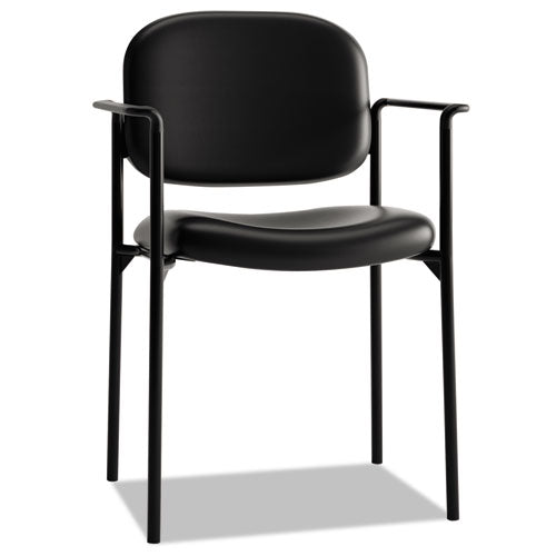 Vl616 Silla apilable para invitados con brazos, tapicería de cuero reconstituido, 23.25" x 21" x 32.75", asiento negro, respaldo negro, base negra