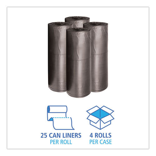 Revestimientos para latas de basura de baja densidad, 60 gal, 0,65 mil, 38" x 58", negro, 25 bolsas/rollo, 4 rollos/cartón