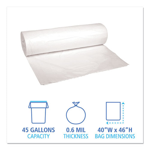 Low-density Waste Can Liners, 45 Gal, 0.6 Mil, 40" X 46", White, 25 Bags/roll, 4 Rolls/carton