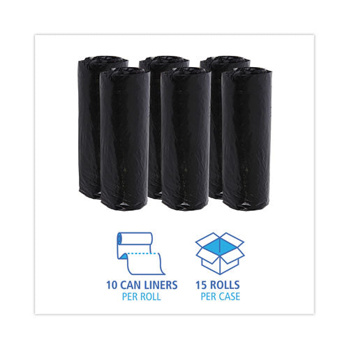 Bolsas de basura de baja densidad, 16 gal, 1 mil, 24 x 32, negro, 10 bolsas/rollo, 15 rollos/cartón