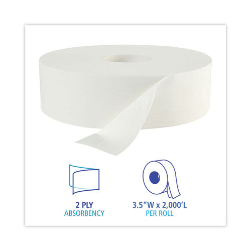Papel higiénico Jrt, Jumbo, seguro séptico, 2 capas, blanco, 3.5" x 2000 pies, 6 rollos/cartón