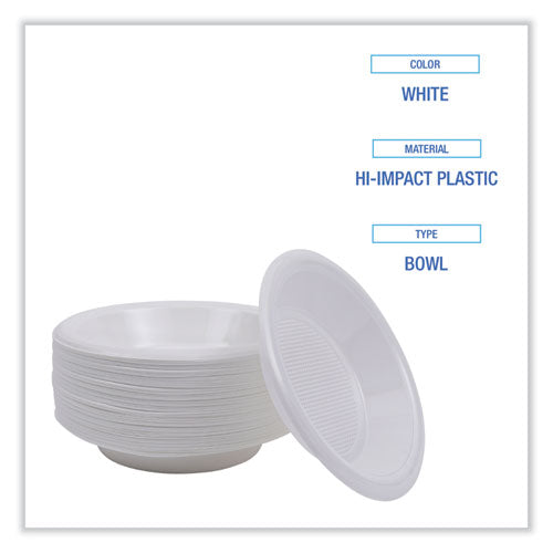 Vajilla de plástico de alto impacto, tazón, 10 a 12 oz, blanco, 1,000/cartón
