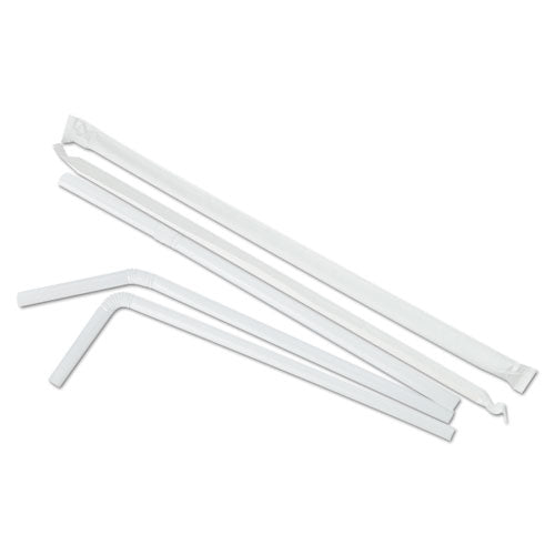 Popotes envueltos flexibles, 7.75", plástico, blanco, 500/paquete, 20 paquetes/cartón