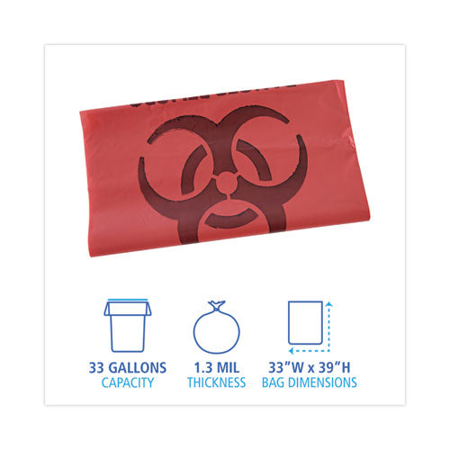 Revestimientos para botes de basura Linear de baja densidad para el cuidado de la salud, 33 gal, 1.3 mil, 33 x 39, rojo, 150/caja