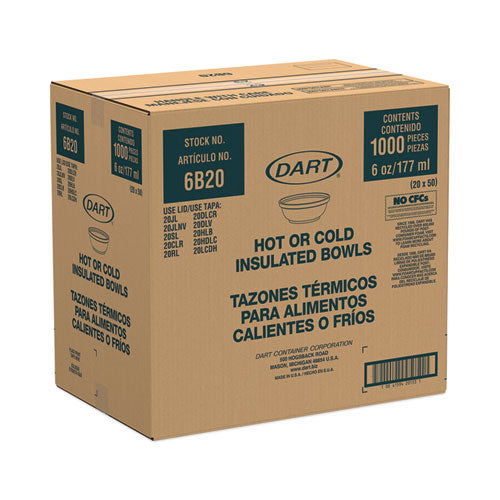 Tazones de espuma con aislamiento, 6 oz, blanco, 50/paquete, 20 paquetes/cartón