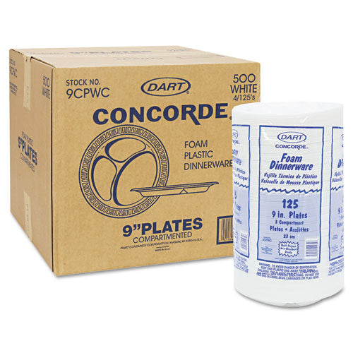 Concorde Foam Plate, 3-compartment, 9" Dia, White, 125/pack, 4 Packs/carton