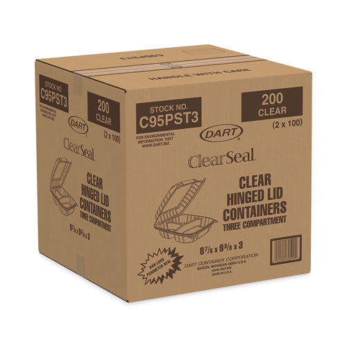 Contenedores de plástico Clearseal con tapa abatible, 3 compartimentos, 9,4 x 8,9 x 3, plástico, 100/bolsa, 2 bolsas/cartón