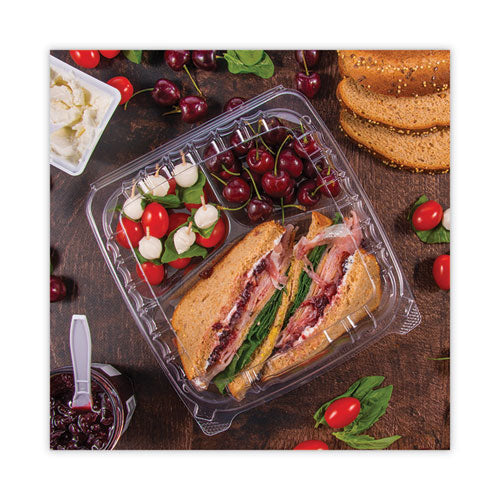 Clearseal Hinged-lid Plastic Containers, 3-compartment, 9.4 X 8.9 X 3, Plastic, 100/bag, 2 Bags/carton