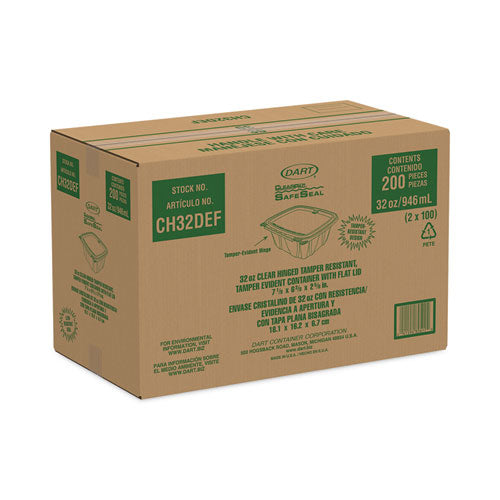 Clearpac Safeseal Tamper-resistant/evident Containers, Flat Lid, 32 Oz, 6.4 X 2.6 X 7.1, Clear, Plastic, 100/bag, 2 Bags/ct