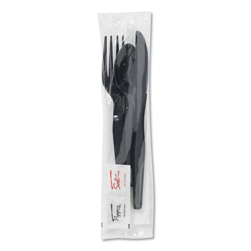 Paquetes de vajilla/servilletas envueltos, tenedor/cuchillo/cuchara/servilleta, negro, 250/cartón