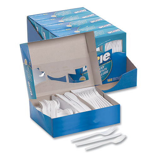 Paquete combinado, bandeja con utensilios de plástico blanco, 56 tenedores, 56 cuchillos, 56 cucharas, 6 paquetes
