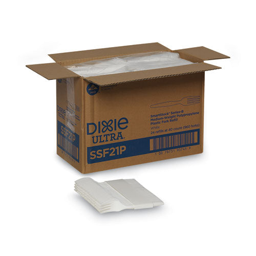 Recambio de cubiertos de plástico Smartstock, tenedor, 5.8", Serie-b de peso medio, blanco, 40/paquete, 24 paquetes/cartón