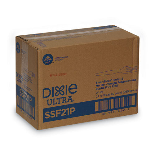 Recambio de cubiertos de plástico Smartstock, tenedor, 5.8", Serie-b de peso medio, blanco, 40/paquete, 24 paquetes/cartón