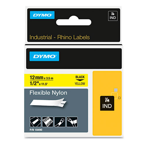 Cinta de etiquetas industriales de vinilo permanente Rhino, 0.75" x 18 pies, impresión amarilla/negra