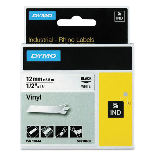 Cinta de etiquetas industriales de vinilo permanente Rhino, 0.5" x 18 pies, impresión blanca/negra