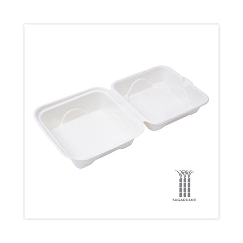 Contenedores tipo almeja con bisagras de bagazo, 6 x 6 x 3, blanco, caña de azúcar, 50/paquete, 10 paquetes/cartón