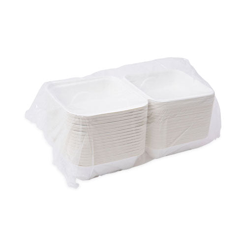 Contenedores tipo almeja con bisagras de bagazo, 6 x 6 x 3, blanco, caña de azúcar, 50/paquete, 10 paquetes/cartón