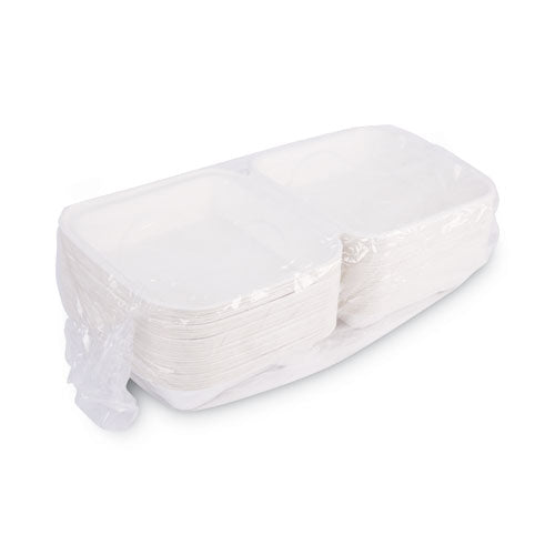 Conchas de caña de azúcar renovables y compostables Vanguard, 1 compartimento, 8 x 8 x 3, blanco, 200/cartón
