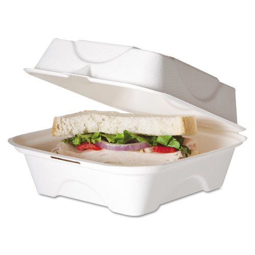 Renewable And Compostable Sugarcane Clamshells, 3-compartment, 8 X 8 X 3, White, 50/pack, 4 Packs/carton