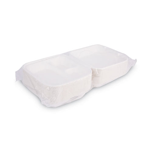 Contenedores tipo almeja con bisagras de bagazo, 3 compartimentos, 9 X 9 X 3, blanco, caña de azúcar, 50/paquete, 4 paquetes/cartón