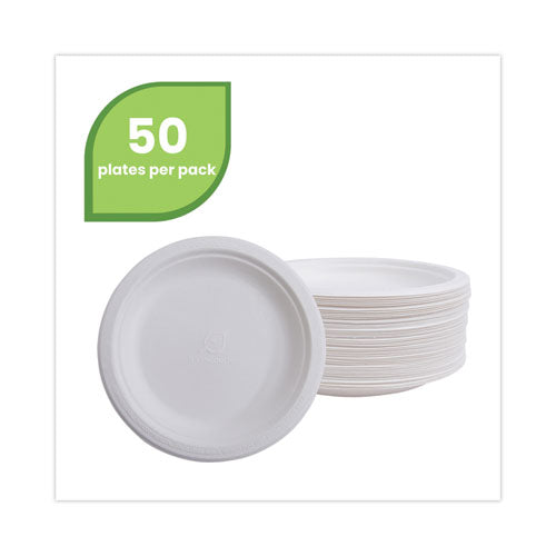Vajilla de caña de azúcar renovable, plato, 10" de diámetro, blanco natural, 50/paquete