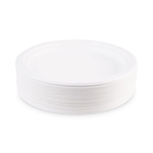 Platos de caña de azúcar renovables, 9" de diámetro, blanco natural, 50/paquetes