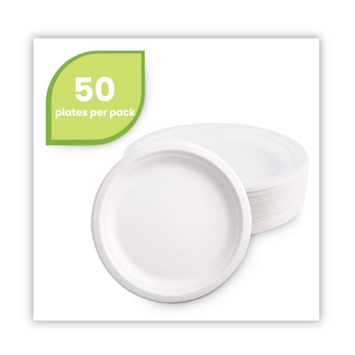 Platos de caña de azúcar renovables, 9" de diámetro, blanco natural, 50/paquetes
