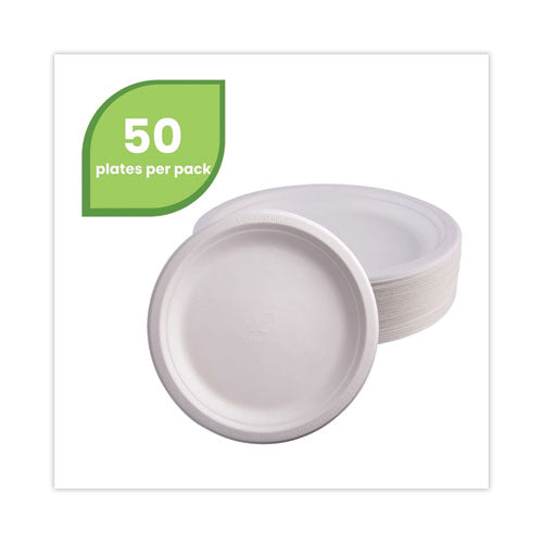 Platos de caña de azúcar renovables, 9" de diámetro, blanco natural, 500/caja