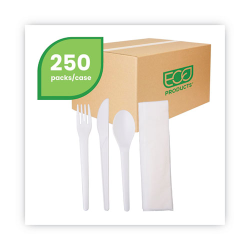 Juego de cubiertos compostables Plantware, cuchillo/tenedor/cuchara/servilleta, 6", blanco perla, 250 juegos/caja