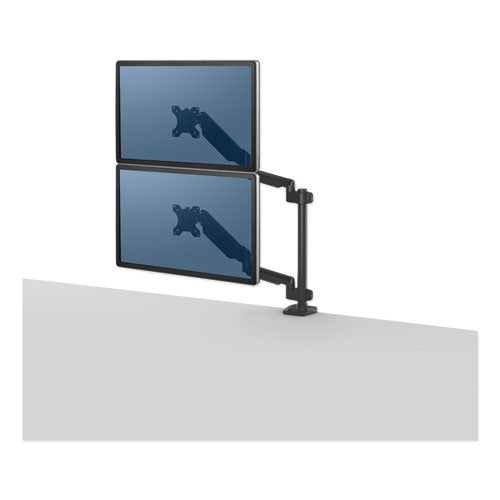 Brazo de apilamiento doble serie Platinum para monitores de 27", rotación de 360 ​​grados, inclinación de 180 grados, giro de 360 ​​grados, negro, soporta 22 libras
