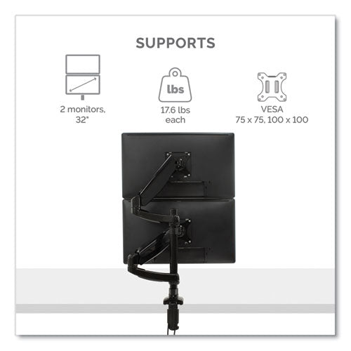 Platinum Series Dual Stacking Arm For 27" Monitors, 360 Deg Rotation, 180 Deg Tilt, 360 Deg Pan, Black, Supports 22 Lb