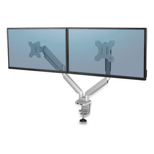 Brazo para monitor doble serie Platinum, para monitores de 27", rotación de 360 ​​grados, inclinación de 45 grados, giro de 180 grados, plateado, soporta 20 libras