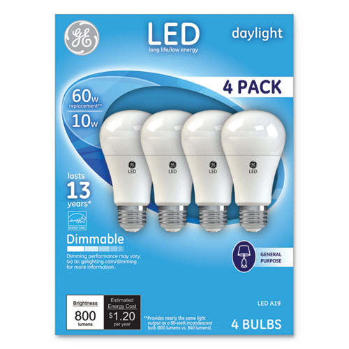 Bombilla LED de luz diurna A19 regulable, 10 W, 4/paquete