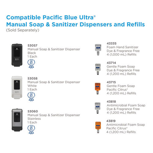 Pacific Blue Ultra Foam Hand Sanitizer Refill For Manual Dispensers, 1,000 Ml, Fragrance-free, 4/carton