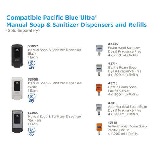 Pacific Blue Ultra Foam Soap Manual Dispenser Refill, Pacific Citrus, 1,200 Ml, 4/carton