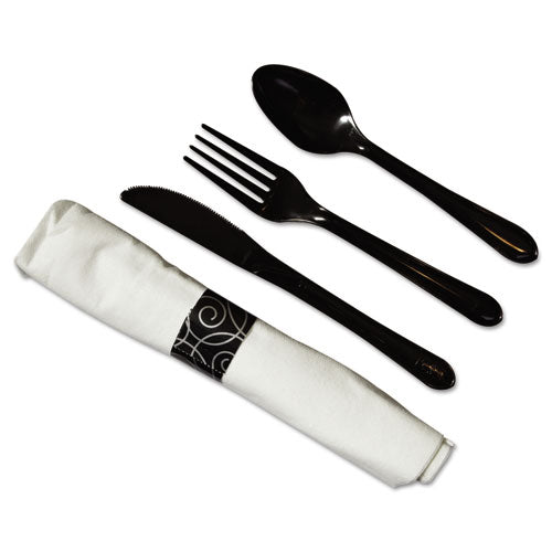 Combo de cubiertos pesados ​​Caterwrap, tenedor/cuchara/cuchillo/servilleta, negro, 100/cartón
