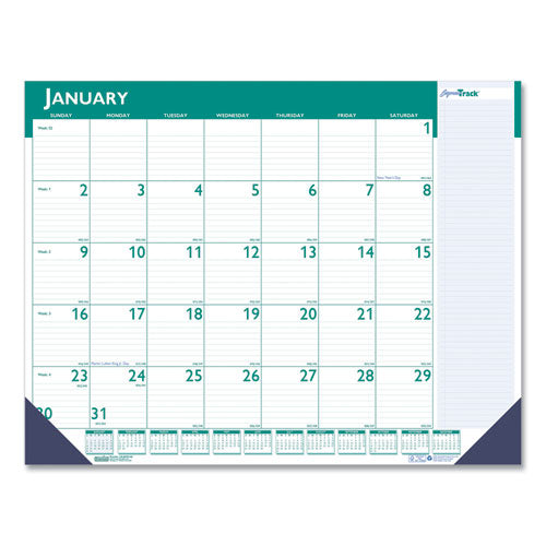 Express Track Monthly Desk Pad Calendar, 22 X 17, White/teal Sheets, Teal Binding, Blue Corners, 13-month(jan-jan): 2024-2025