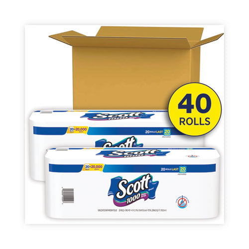 Rollo estándar de papel higiénico, seguro séptico, 1 capa, blanco, 1000 hojas/rollo, 20/paquete, 2 paquetes/cartón