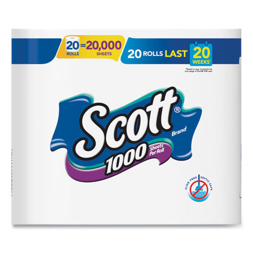 1000 Papel higiénico, caja fuerte séptica, 1 capa, blanco, 1000 hojas/rollo, 20/paquete
